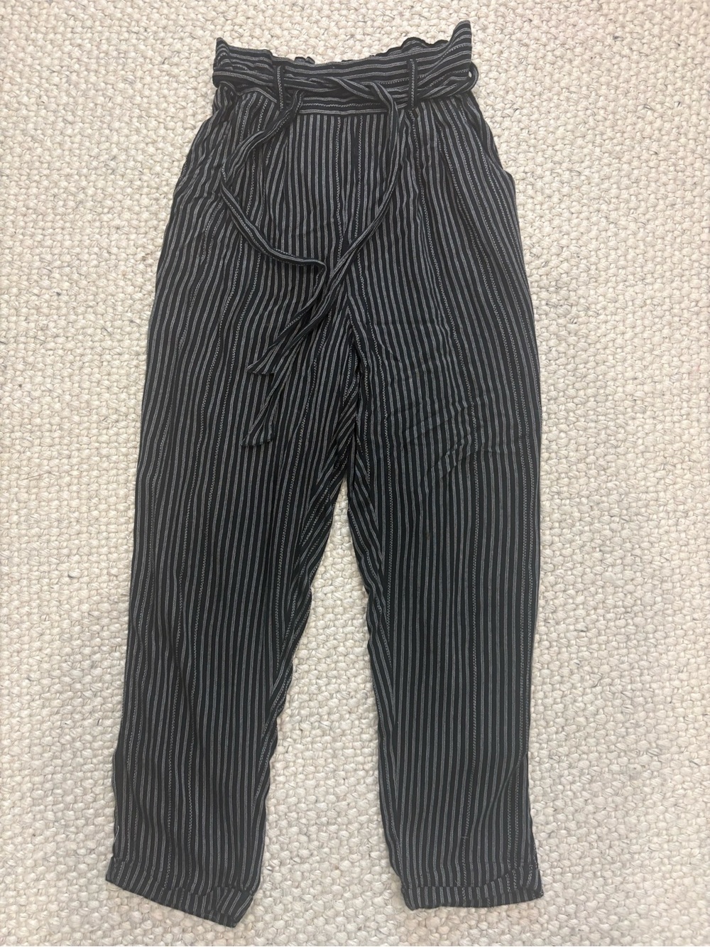 High-Waist Paperbag Stripe Pants - Black Dress Pants with Belt